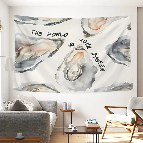 The World Is Your Oyster Watercolor Tapestry, 37×29 Inches, Motivational Coastal Wall Hanging for Kitchen Living Room Decor
