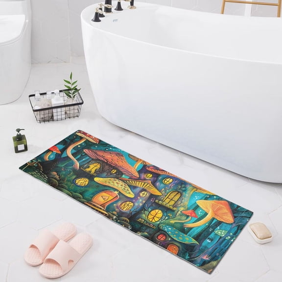 Bath Mat Soft Plush Non-Slip Absorbent Bathroom Rugs 39"x20" Mushroom House in Forest
