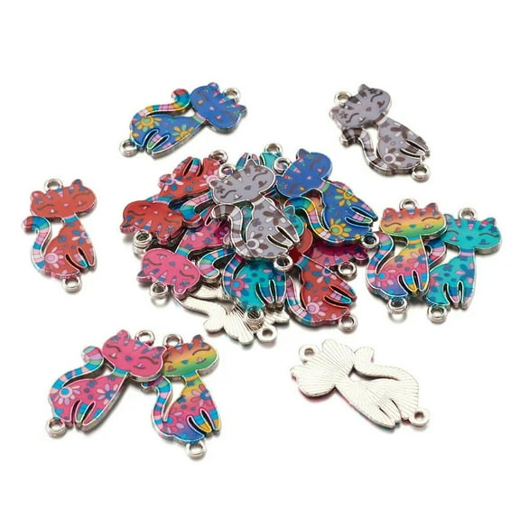 EOEMY 100X Colorful Printed Alloy Enamel Links Cute Mini Cat Charm Pendant 29.5X16.5mm