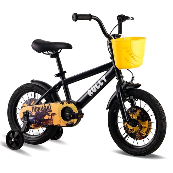 Rully 14 inch Dinosaur Kids Bike for Boys 3-5 Years, Bicycle with Training Wheels, Basket & Coaster Brake, Black