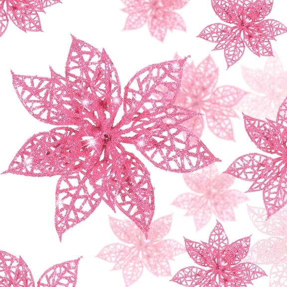 24 Pcs Christmas Glitter Poinsettia Flowers Christmas Tree Ornaments Artificial Christmas Flowers Decorations with Clips - Rosa