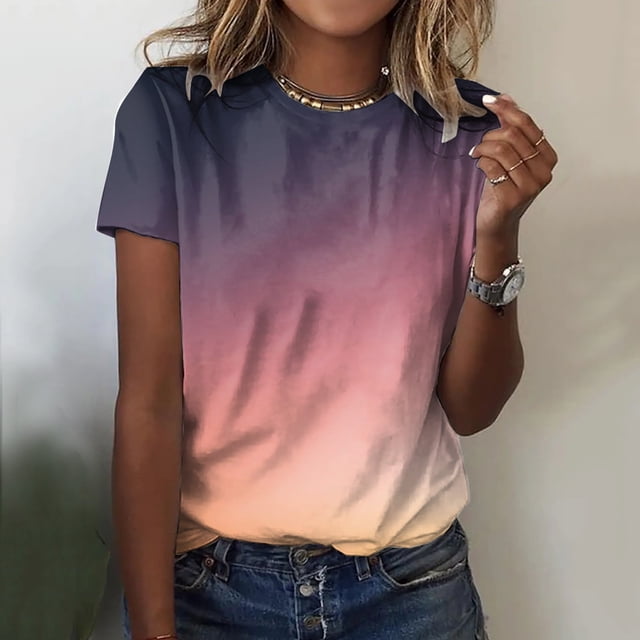 UANWENN Débardeurs d'Été Dégradés à Col Rond pour Femmes, Manches Courtes, T-Shirts d'Entraînement Décontractés, T-Shirts Amples à Manches Longues pour Femmes