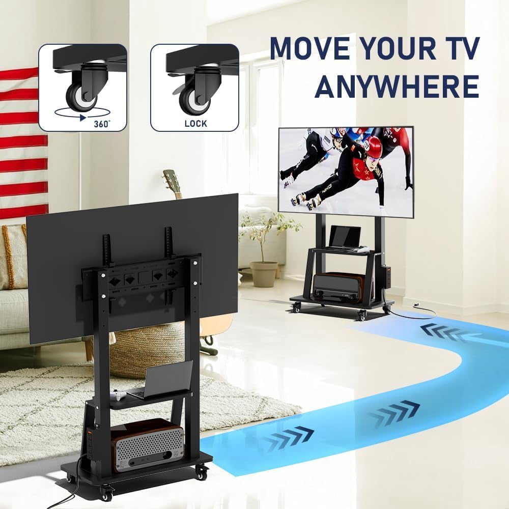 Mobile TV Cart with Power Outlet, Rolling TV Stand on Wheels for 32-75 inch Television, Height Adjustable, 15 °   Viewing Angle,  130LBS, Vesa 600x400
