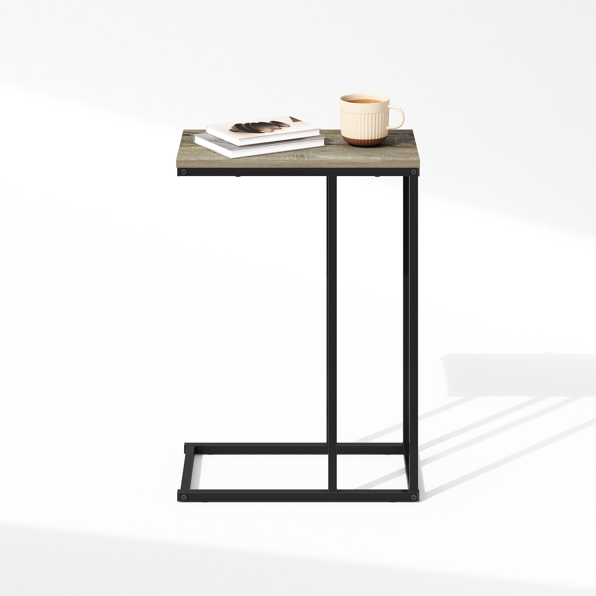 Furinno C-Shaped Side Table, End Table for Couch, Sofa & Bed with Metal Frame, French Oak Grey