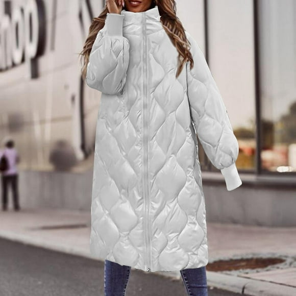Bmisegm Women's Solid Glossy Down Coat Mid Length Trendy Jacket with Stand Collar for Winter White M