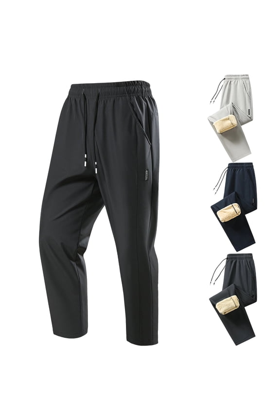 Fleece Lined Winter Pants for Men Sherpa Thermal Hiking Pants Elastic Waist Solid Straight Leg Pants with Pockets