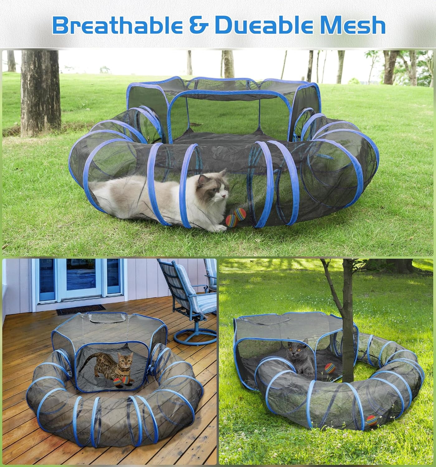 Senhu Outdoor Cat Enclosures, Portable Cat Tent for Outside Cat Playpen Enclosed with Tunnel, Catio Cat Enclosure for Indoor Cats and Other Small Animals Blue