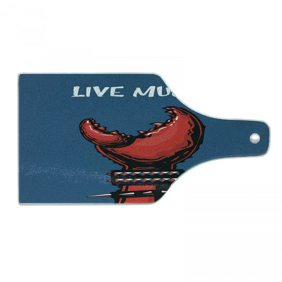 Indie Cutting Board, Crab Claw with Spiky Wristbands Heavy Rock Live Music Performance Inscription Art, Tempered Glass Cutting and Serving Board, Wine Bottle Shape, Blue Red Black, by Ambesonne