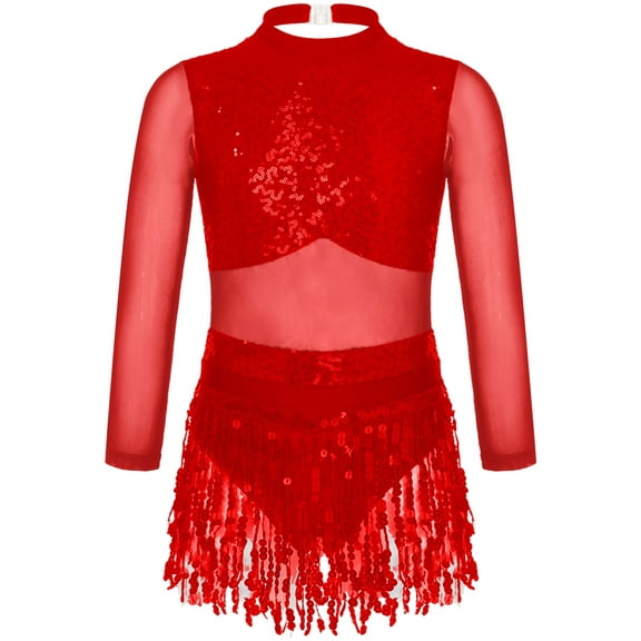 YEAHDOR Girls Mesh Long Sleeve Sequins Tassel Dance Dress Latin Jazz Modern Dance Performance Costume Red 6
