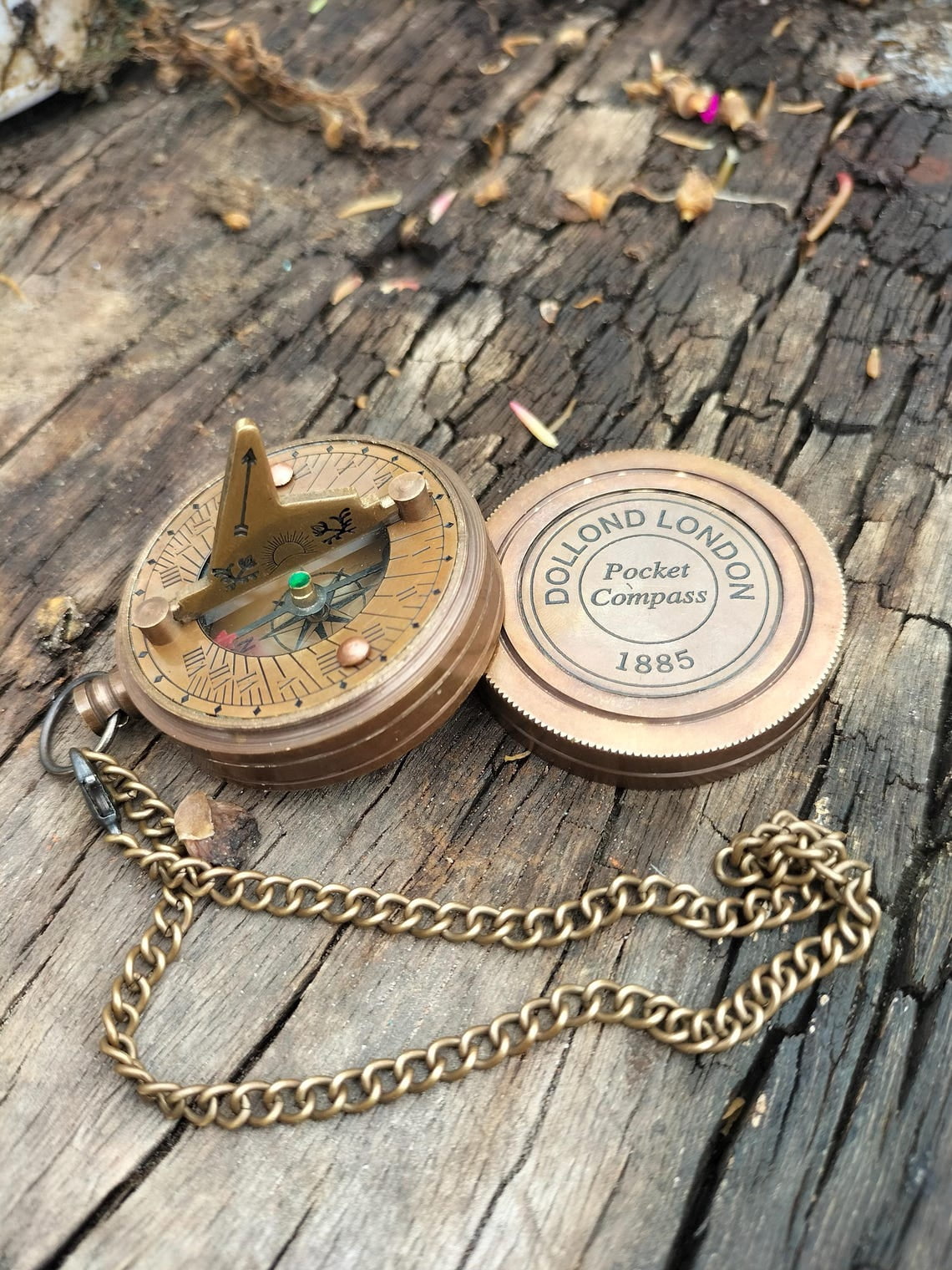 Antique Brass Sundial Pocket Compass – Dollond London 1885 – Vintage Nautical Compass with Chain – Steampunk Navigation Gift by Maritime Treasures