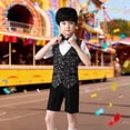 thumbnail image 2 of Huowey Boys Formal Dresswear Suit Sleeveless V Neck Button Down Sparkly Sequin Vest+Dress Shirt+Shorts+Bowtie Performance Stage Party Show For Kids Outfits Fashion Streetwear,Black,7-8 Years, 2 of 4