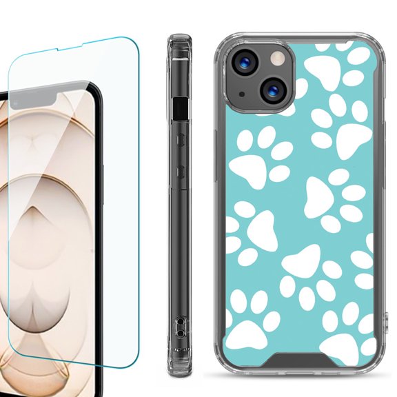 Shockproof Bumper Phone Case for iPhone 13, with Tempered Glass Screen Protector, by OneToughShield ® - Pet Paw / Teal
