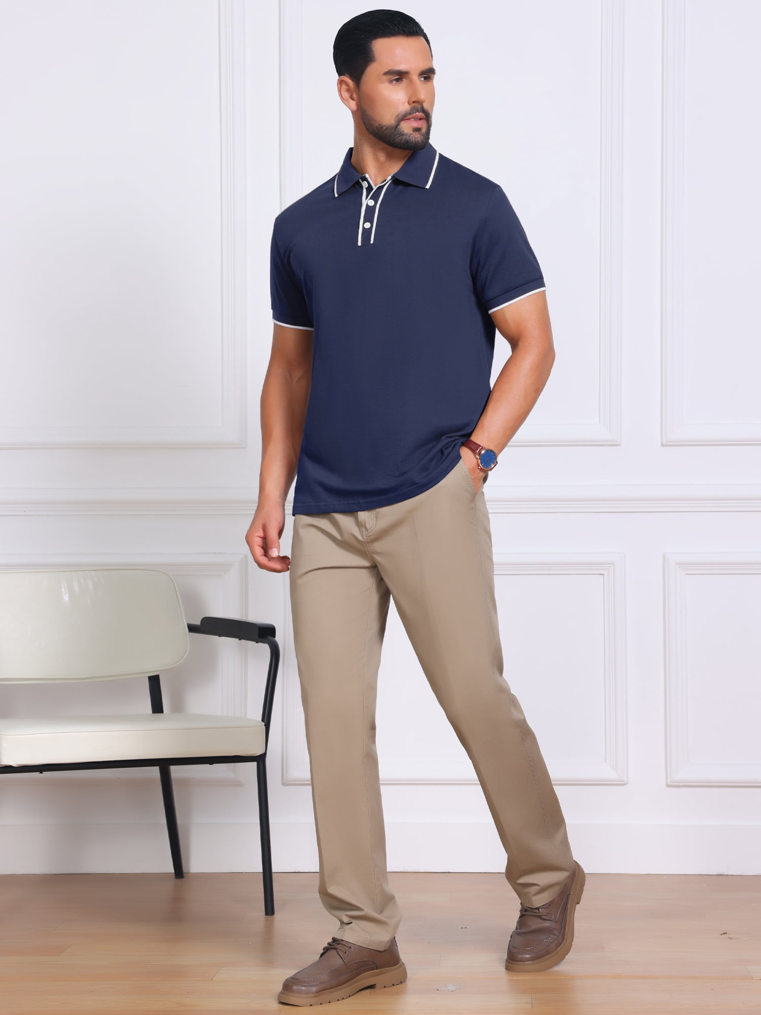 DARING DIVA Men's Contrast Trim Short Sleeve Button Closure Polo Shirts S Navy Blue