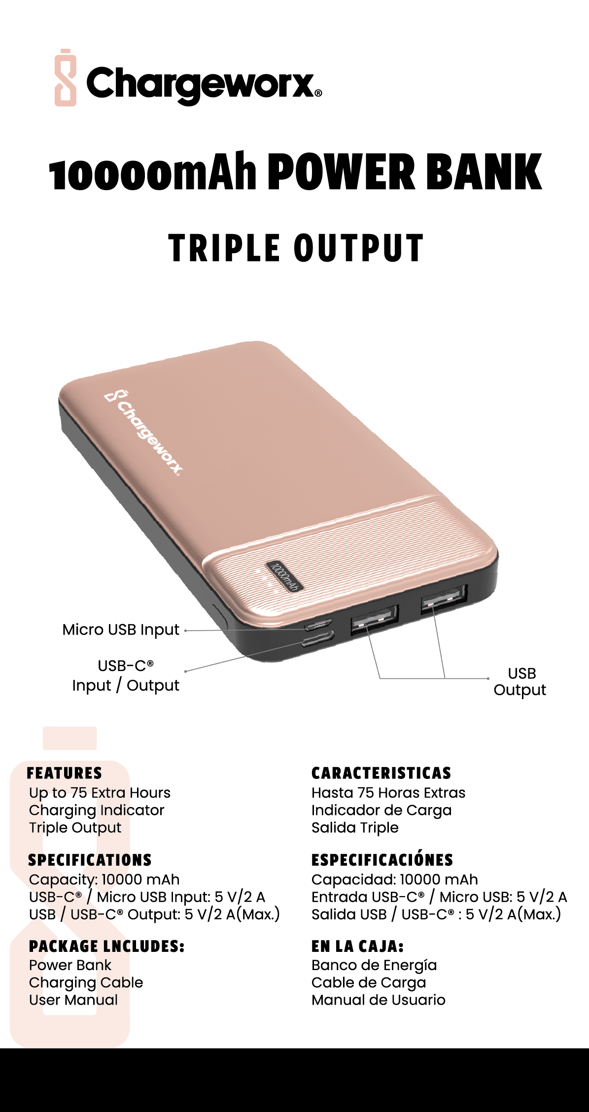 Chargeworx 10000mAh Power Bank – Portable Charger with Triple Output | USB-C, Micro USB & USB Ports | Up to 75 Extra Hours | Compact External Battery Pack for Phones, Tablets & Mor