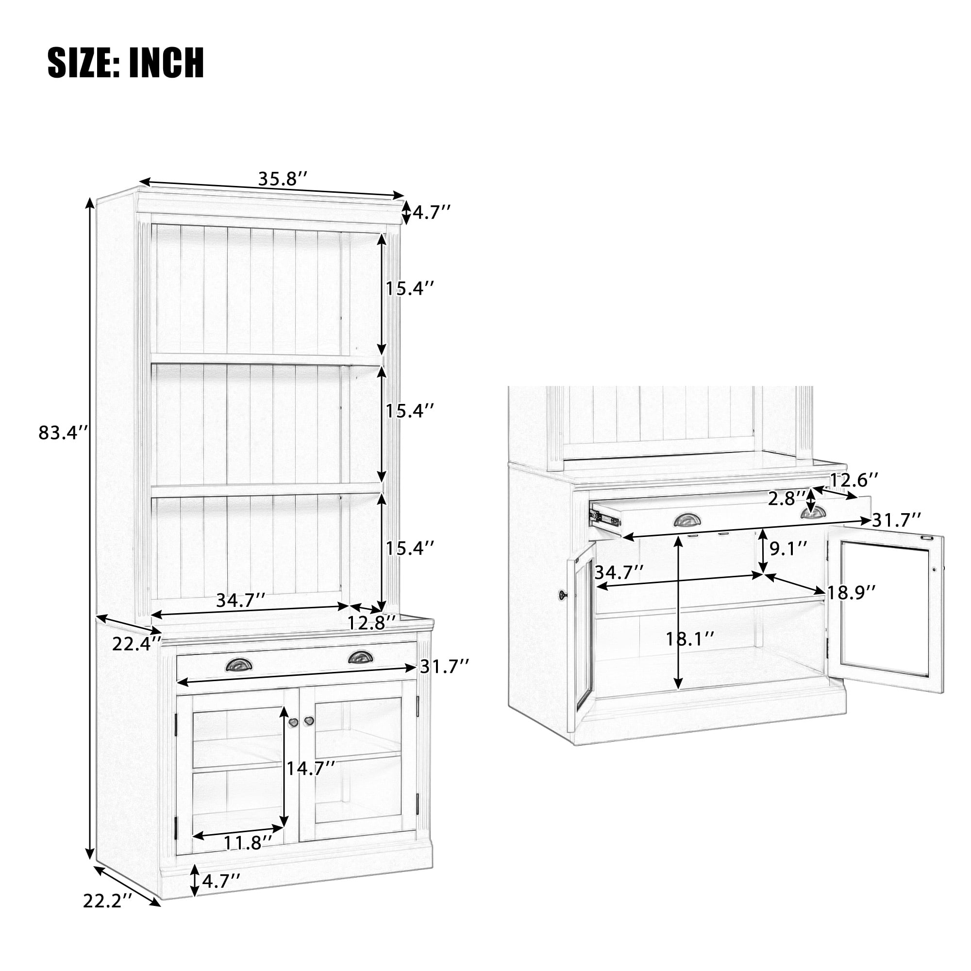 Euroco Bookshelf with LED Lighting Modern Bookcase with 2 Glass Doors and 1 Drawer Storage Bookcase, MDF, 83.4 Inch, White