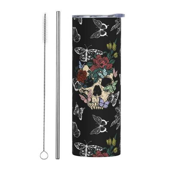 sugar skull 20oz Stainless Steel Tumbler with Lid & Straw - Double-Walled Insulated Travel Mug for Coffee, Tea, Water, Wine - Perfect Gift for Women