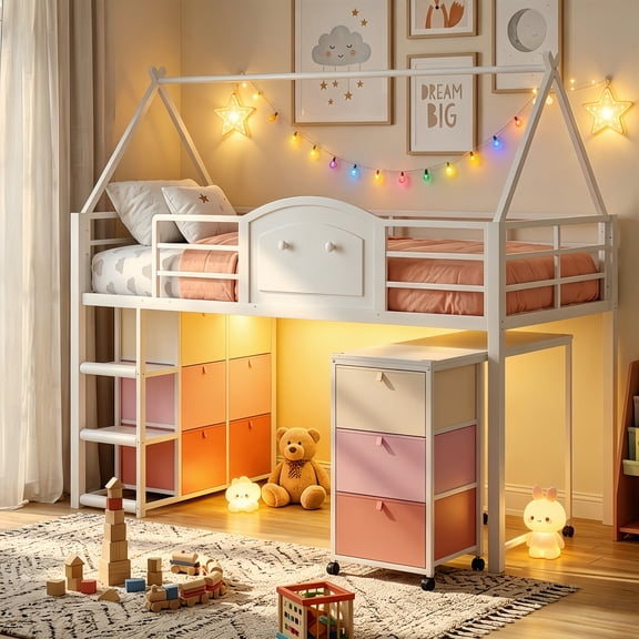 Torveric Low Loft Bed with Desk (Pull-out on wheels) & 9 Storage Drawers and Shelves, House Metal Twin Bed with Full-Length Guardrail, Under-bed Play Space White& Pink
