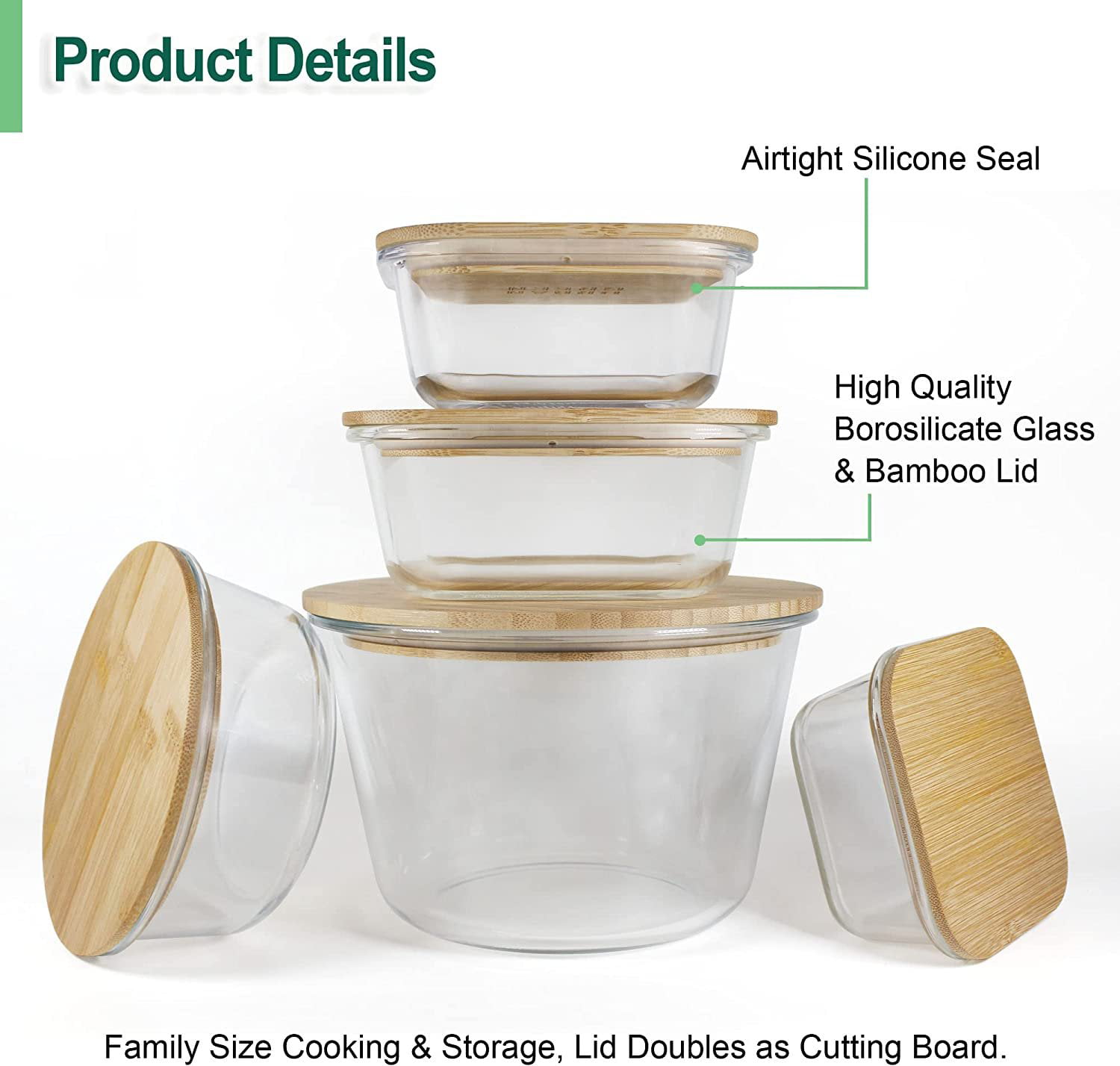 EcoPreps Glass Meal Prep Containers with Bamboo Lids【3 Pack】100% Plastic Free, Eco-Friendly Glass Lunch Containers, Bamboo Lid Storage Containers 
