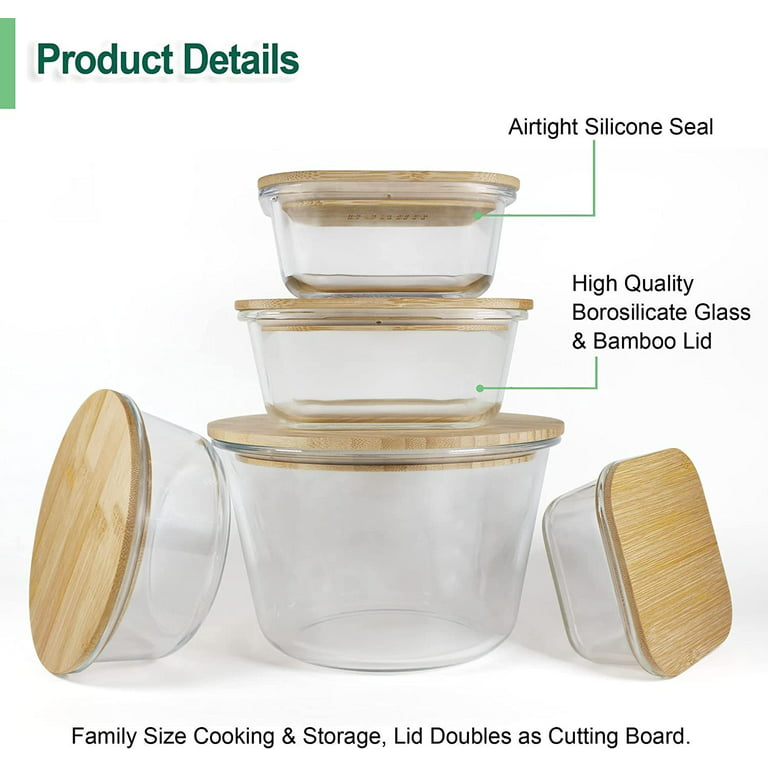 Glass Containers with Bamboo Lids for Food Storage and Meal Prep, Set of 5