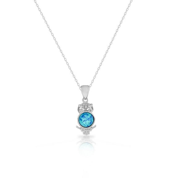 Sterling Silver Blue Turquoise-Tone Simulated Opal White CZ Owl Pendant Necklace
