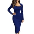 thumbnail image 2 of Karymi Solid Long Sleeve Midi Bodycon Dress, Metal O-Ring Cutout Asymmetrical Neck Side Ruched Irregular Slit Club Party Sundress Summer Dress, 2 of 7