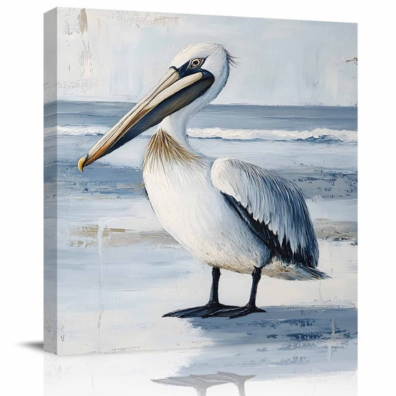 Coastal Beach White Pelican Canvas Artwork Painting Art, Ocean Wave Seaside Bird Square Framed Wall Decorations Prints Picture for Bedroom Kitchen Living Room, 12x12 in