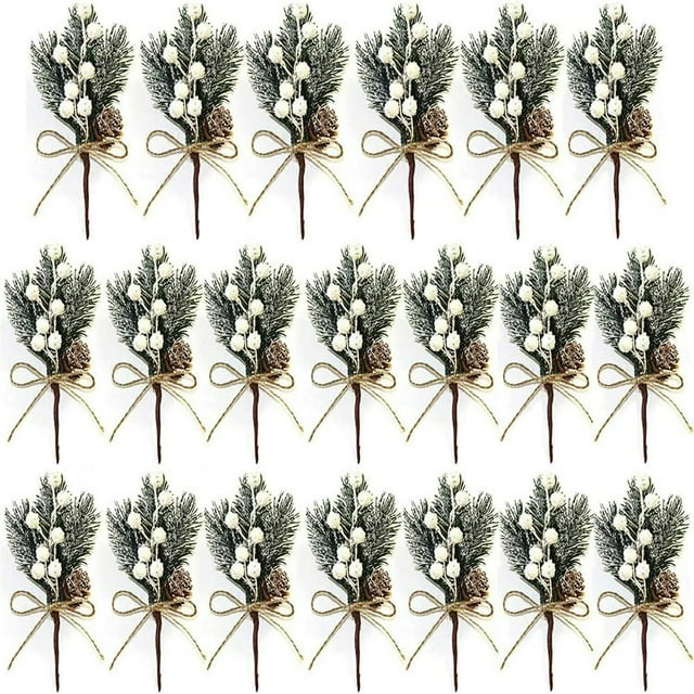 HAOAN 20 Pcs Pics Floraux de Noël 7.8 Pouces Houx Enneigé de Noël Pics de Baies Rouges Tiges Pics de Noël et Pulvérisations Pics de Pin Artificiels avec Pommes de Pin pour Artisanat Couronne Guirlande Xm