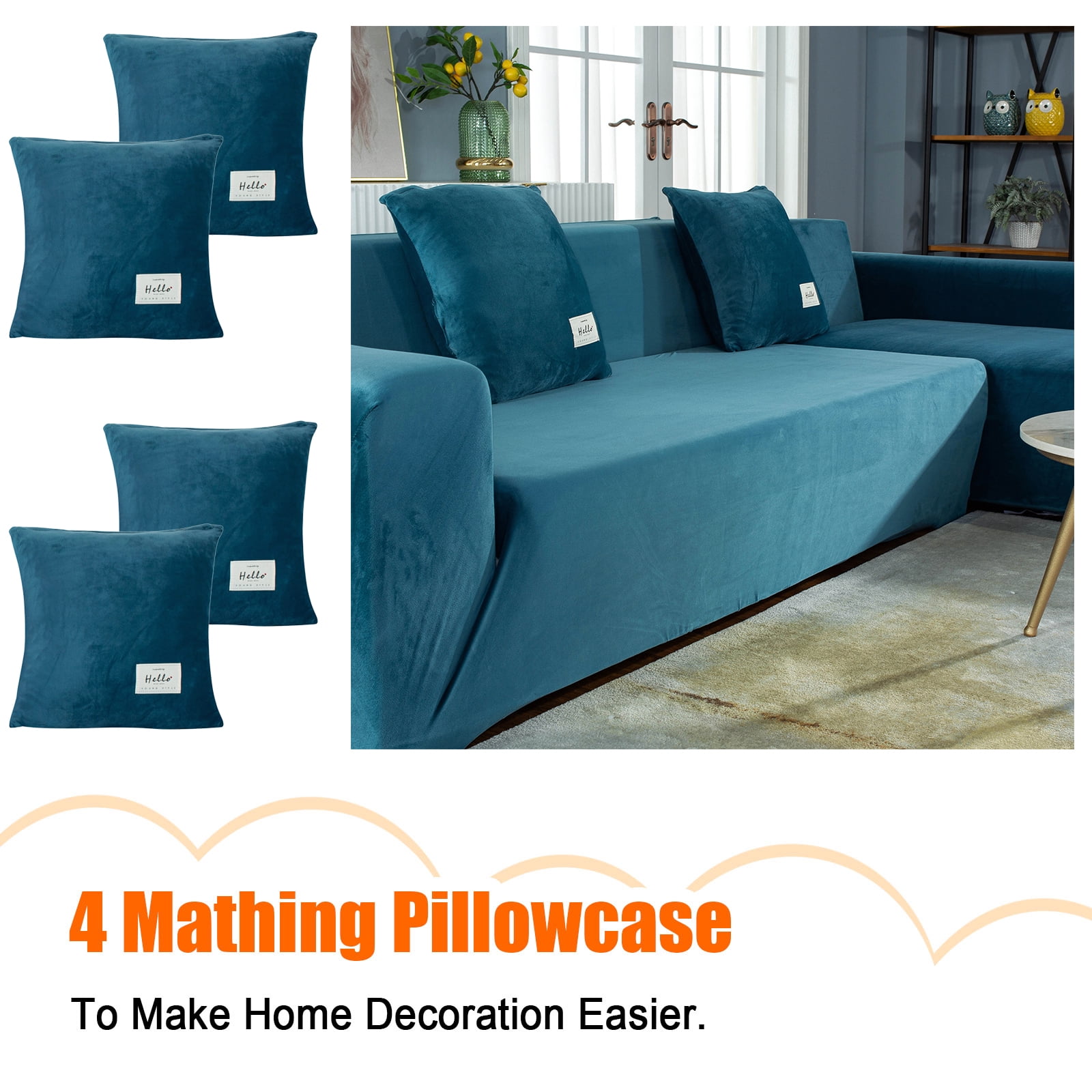 Eurhowing Velvet L-Shaped Sectional Sofa Cover with 4 Pillowcases, Stretch Soft Couch Slipcovers 3 Seater+4 Seater, Sofa Furniture Protector, Lake Blue
