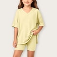 thumbnail image 2 of Atogsazn Girls Summer 2 Piece Sport Clothes Set Kids V Neck Short Sleeve T-shirt & Biker Shorts Outfit Gym Tops Yellow 12-13 Years Fashion, 2 of 7