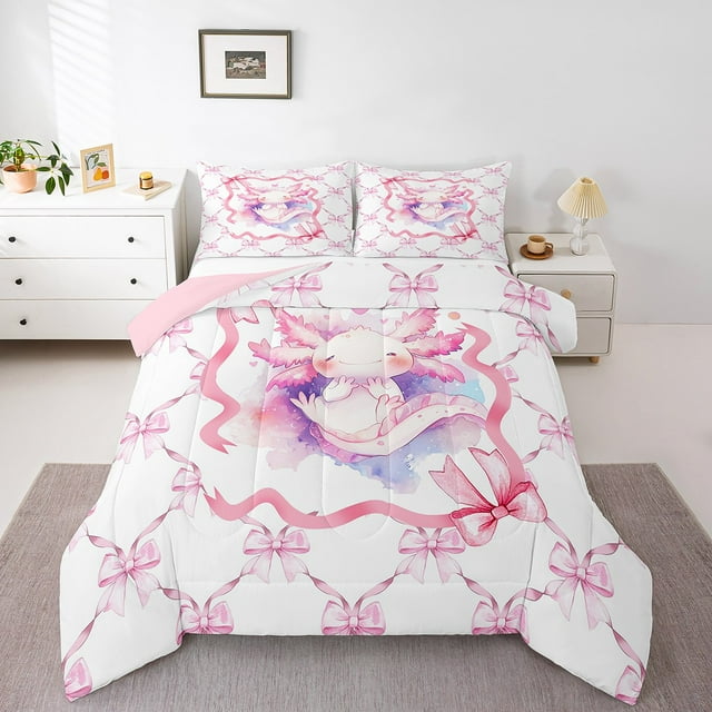 Erosebridal Ensembles de Literie Axolotl Roses Simple avec Couette, Insert de Couette Nœud Rêveur, Déco Kawaii d'Animaux de Dessin Animé, 2 Pcs