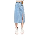 thumbnail image 2 of LYMAYTER 5-14Y ‌‌Young Women Girls Denim Skirt Summer Mid-Length Stretch Waist High-Slit‌, 2 of 8