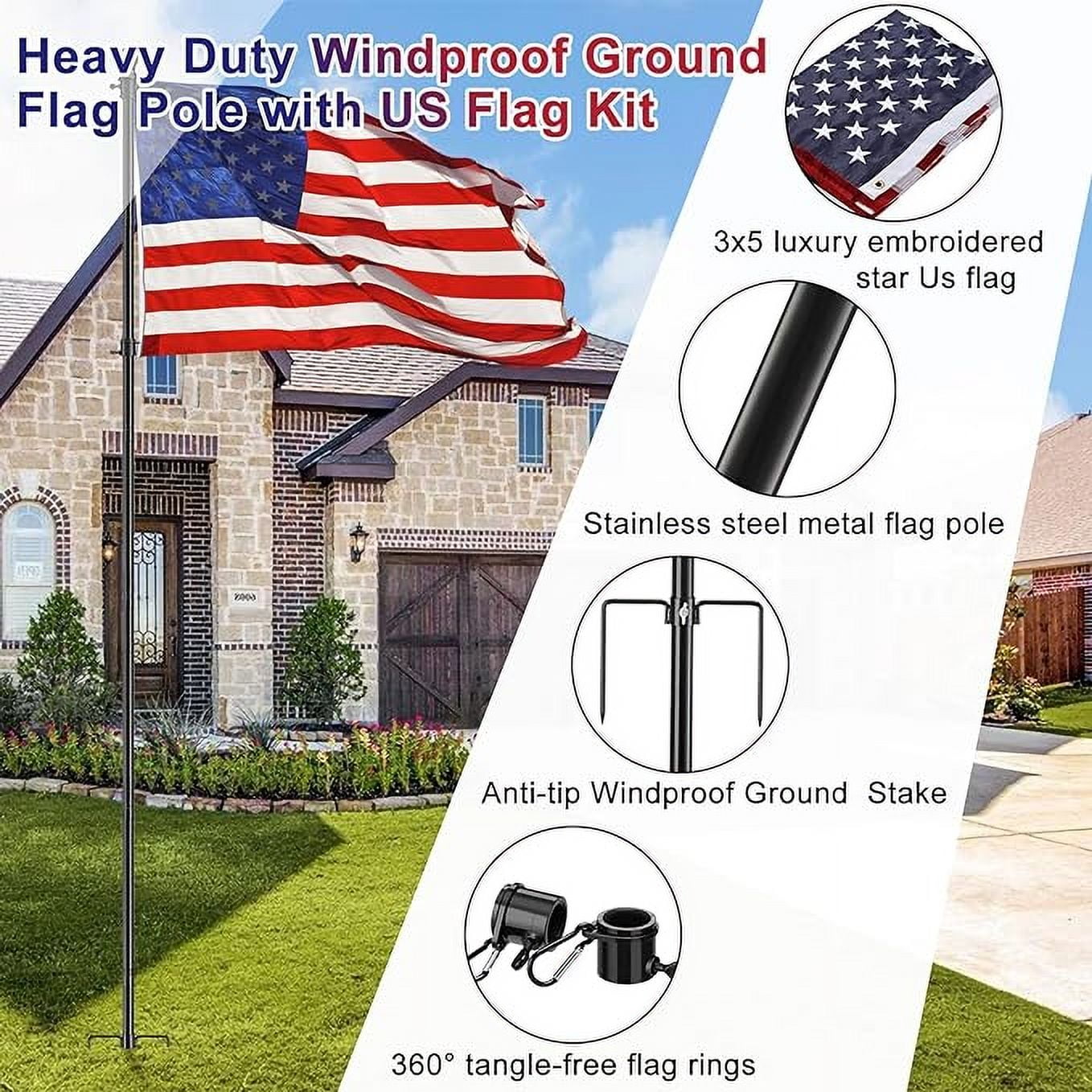OLIYNEDY Flag Pole with 3x5 Embriored US Flag, 8.2FT Tangle Free Heavy Duty Ground Flagpole with Anti-Tip Stake, Black