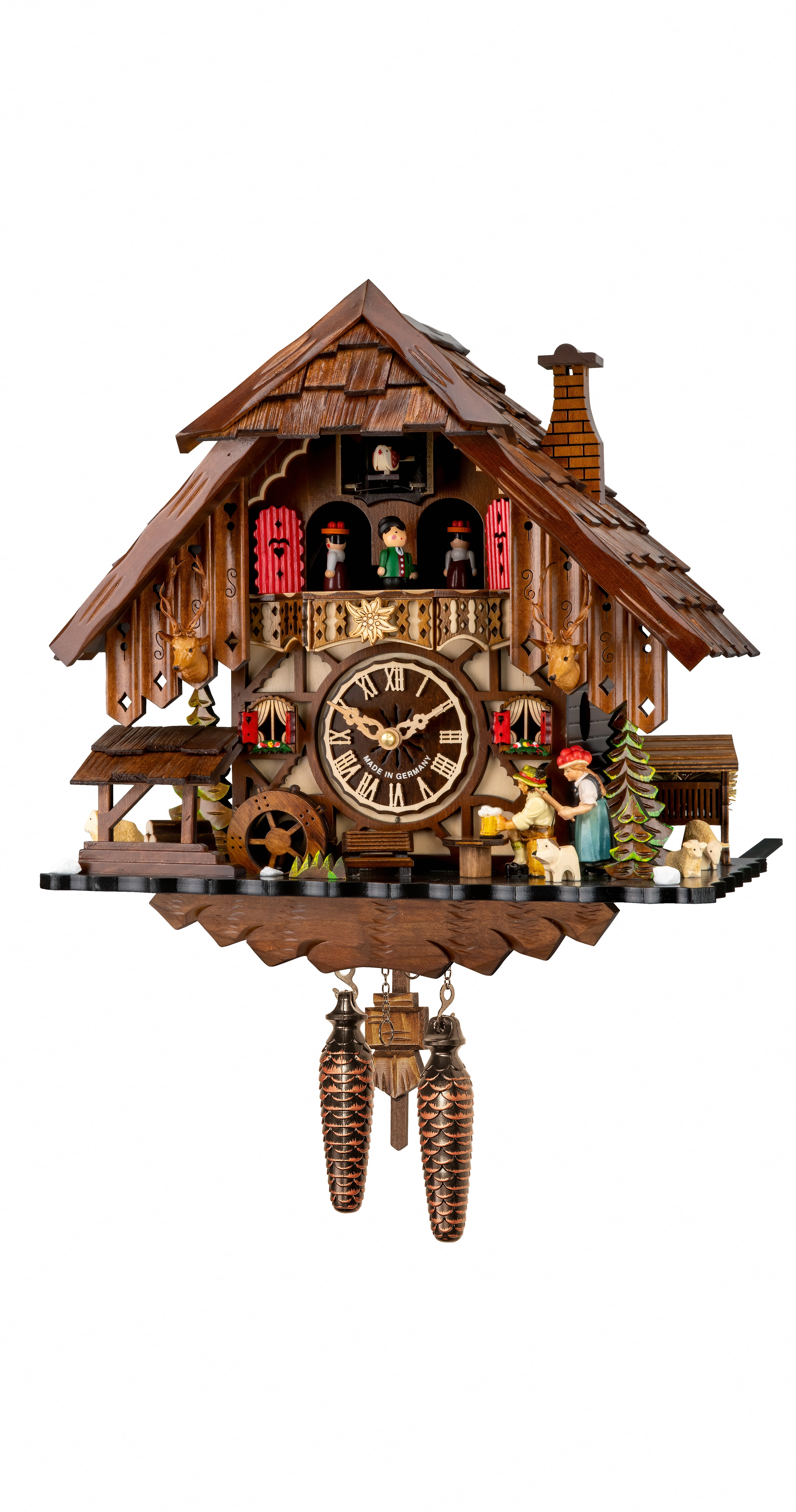 Quartz Cuckoo Clock Black Forest house with music, turning millwheel