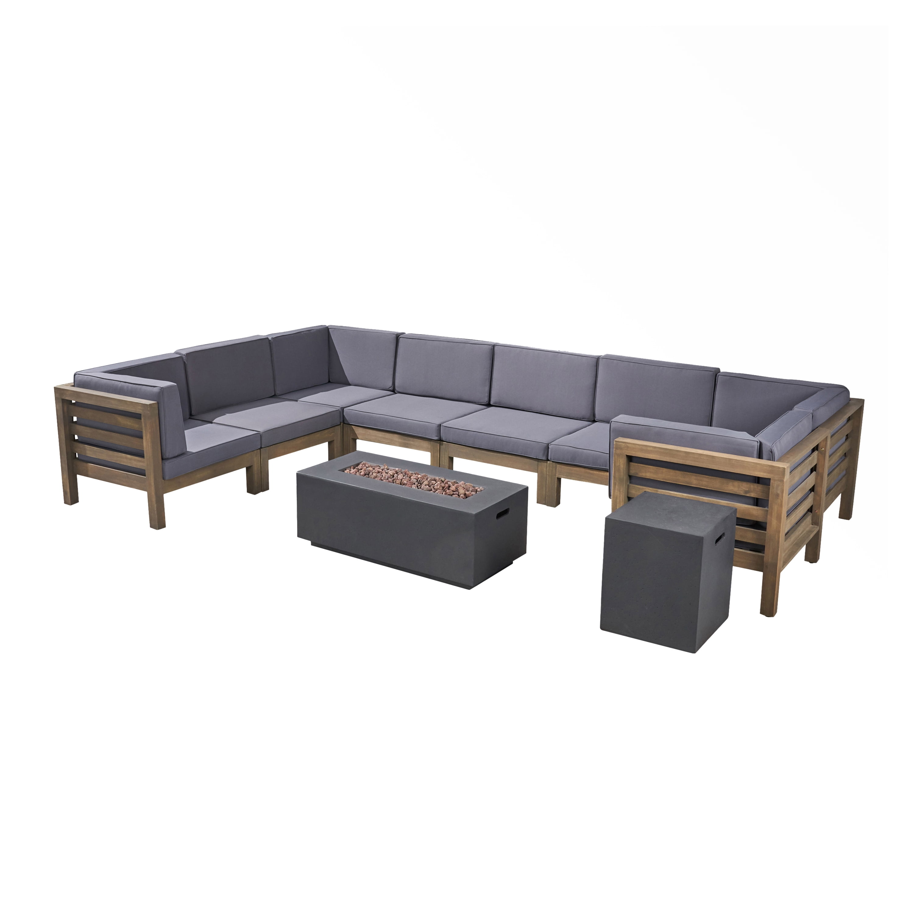 Frankie Outdoor U-Shaped 8 Seater Acacia Wood Sectional Sofa Set with Fire Pit, Gray and Dark Gray