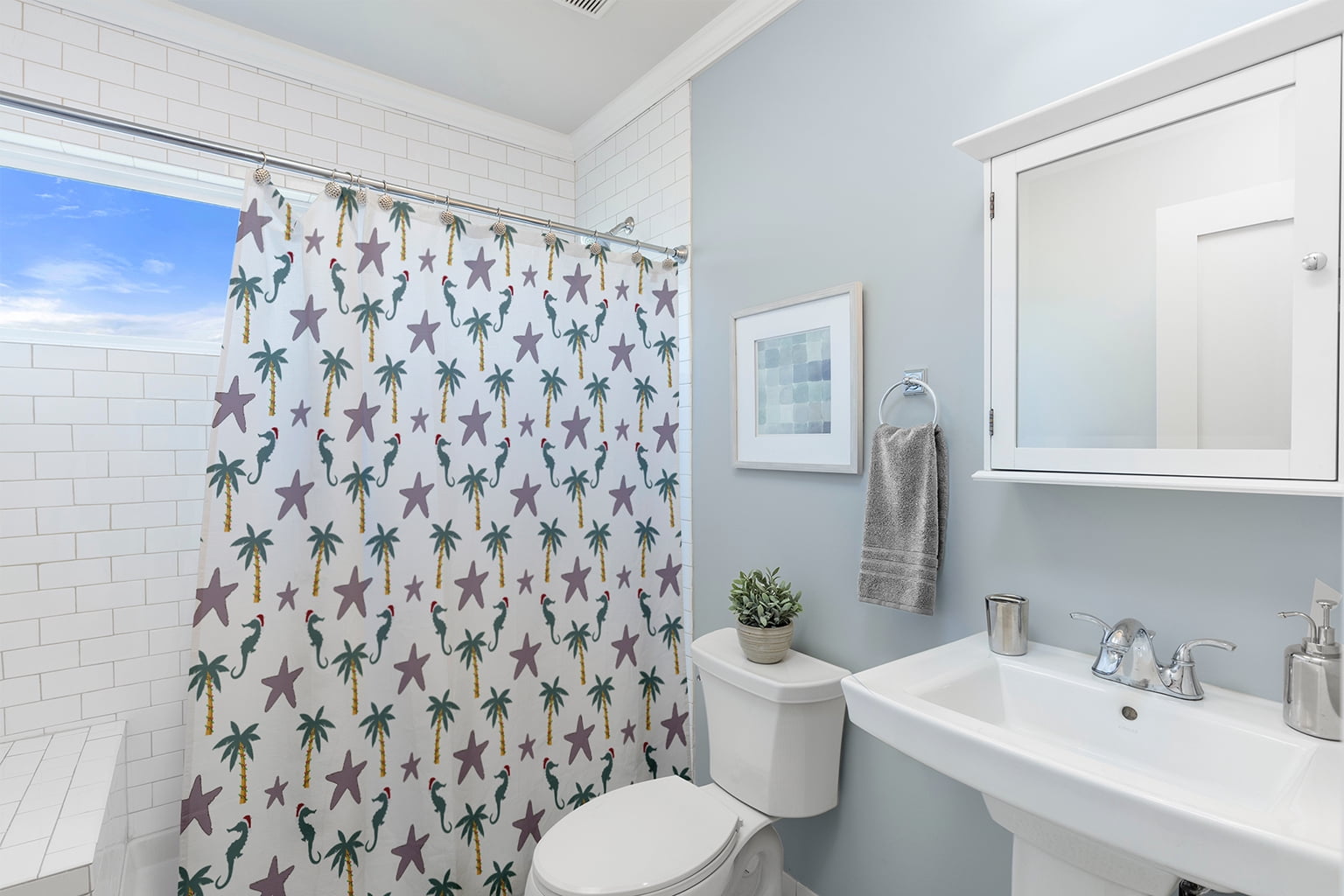 Simply Daisy 70" W x 73" L Christmas Beach Pattern Polyester Shower Curtain, Light Purple [1 Ct]