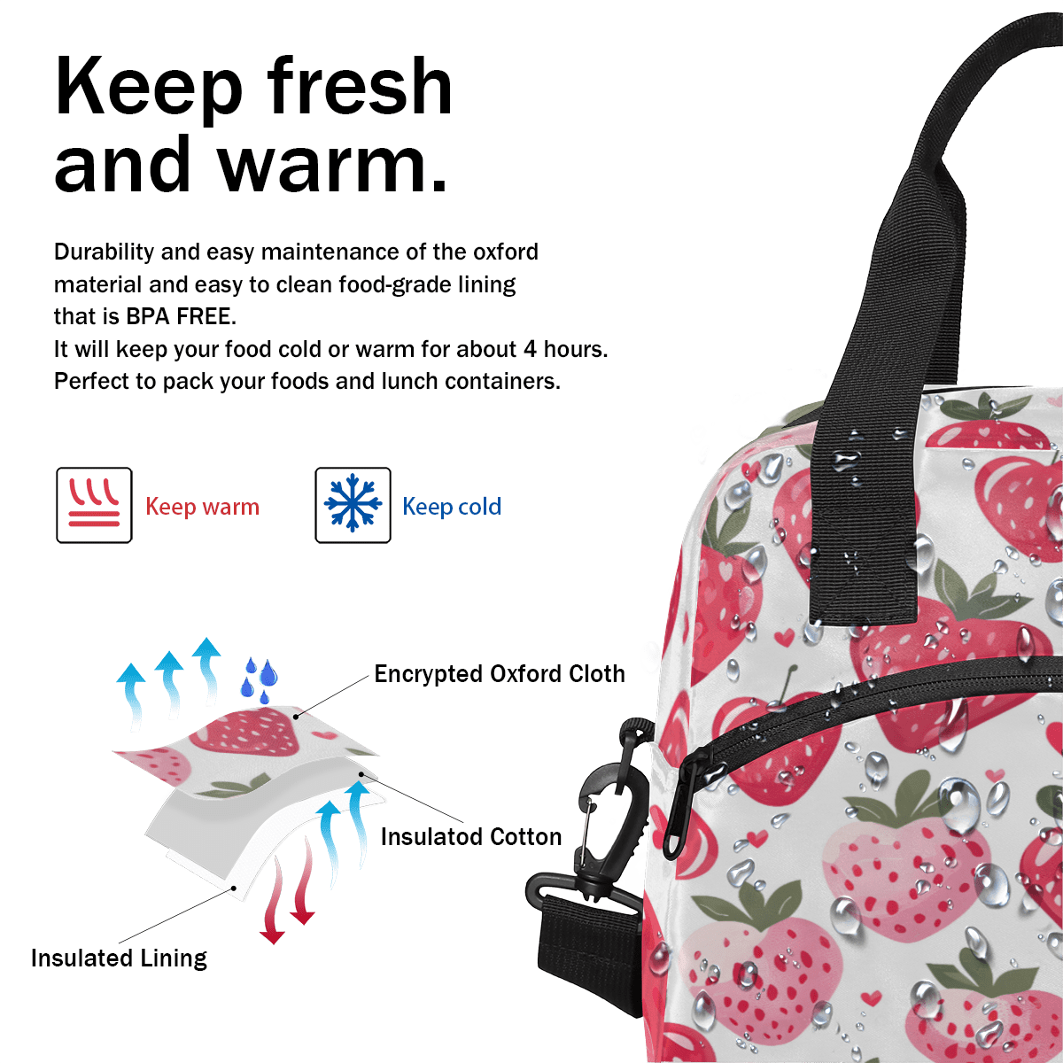 Herdesigns Strawberry Insulated Lunch Bag for Women Men Adults Large Reusable Lunch Box Pink Leakproof Cooler Tote Bags with Adjustable Shoulder Strap