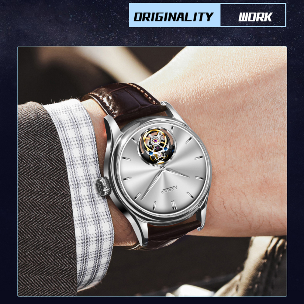 2025 AESOP 100% Tourbillon Mechanical Watch For Men Silver Steel Belt BUSINESS Fashion Mens Watches Manual Mechanical Waterproof