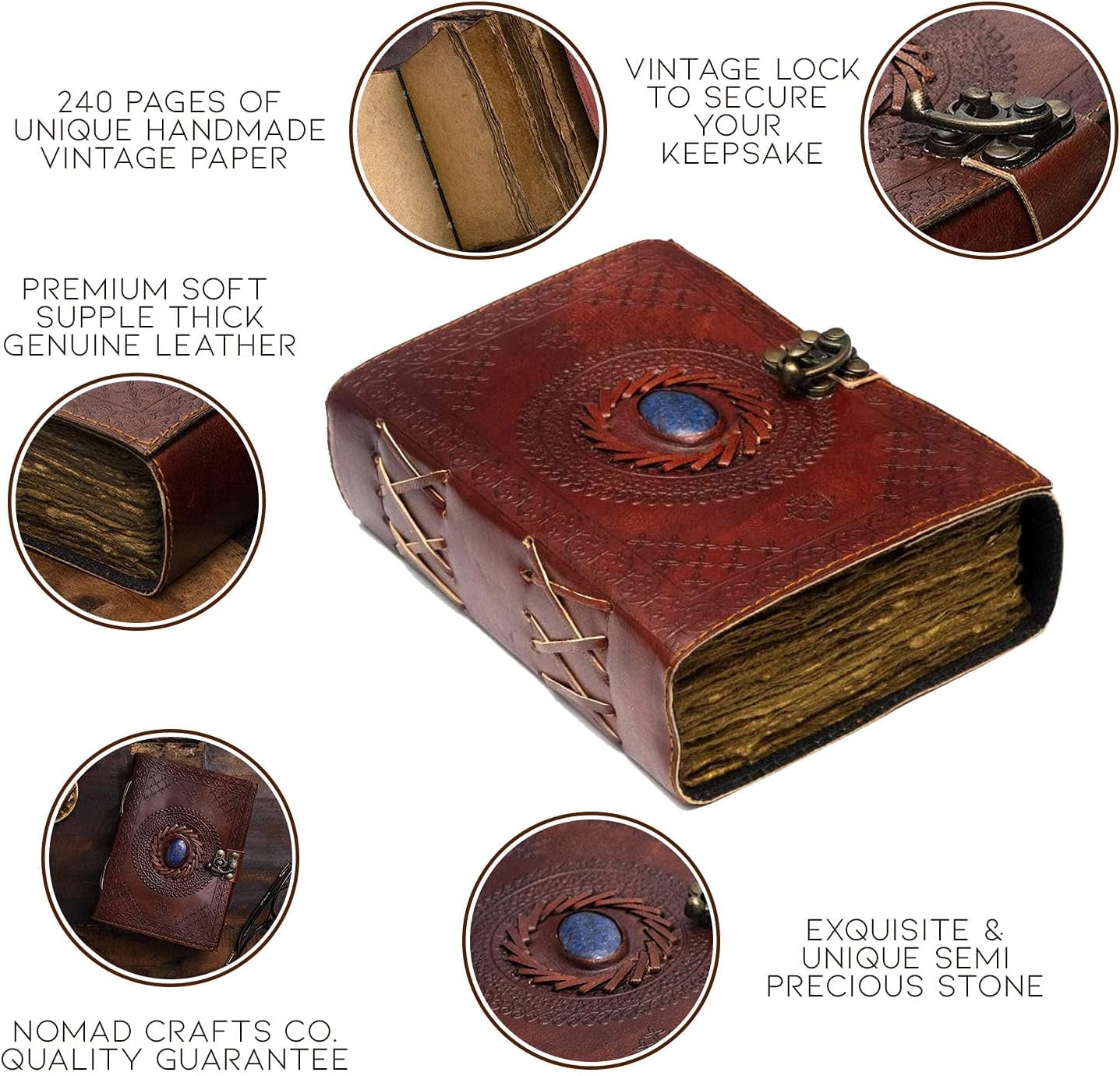 Leather Journal with Semi Precious Stone - Lock Closure, 240 pages Antique Deckle Edge Paper - Book of Shadows, Grimoire Journal, Witch Journal for Men and Women - 7" x 5"