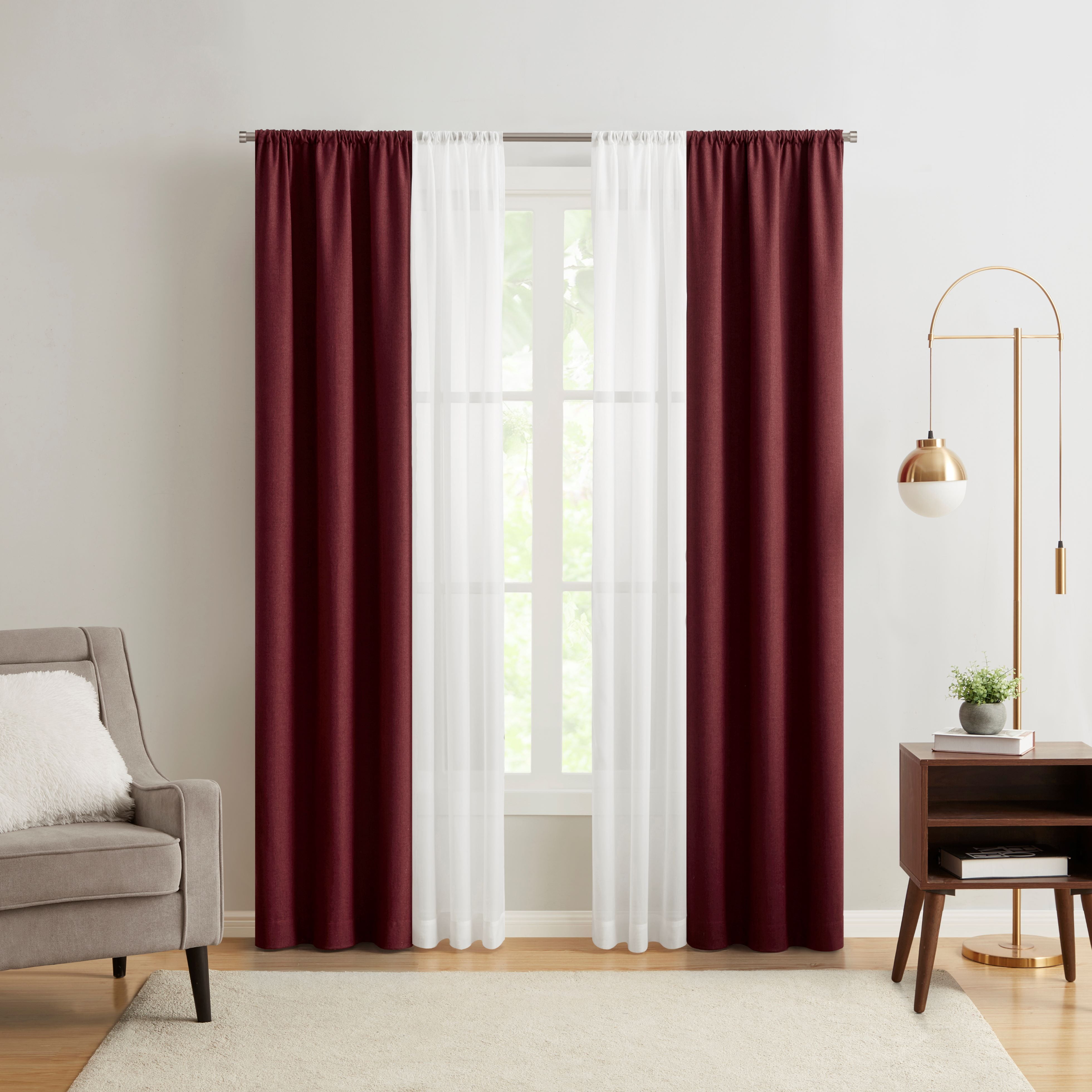 Mainstays Solid Twill Blackout Curtain Panel and Sheers, Set of 4, Merlot, 27.5" W x 84" L