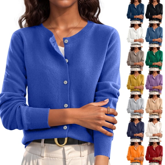 Women Button Down Knit Cardigan Long Sleeve Crew Neck Basic Layering Knitted Sweater Tops Gray 2XL