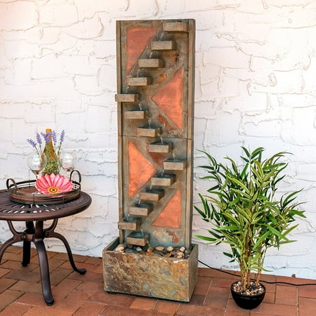 Natural Slate Water Fountain - Sunnydaze Descending Staircase Outdoor Slate Water Fountain with Copper Accents and LED Spotlight, 48 Inch Tall, Submersible Electric Pump Included