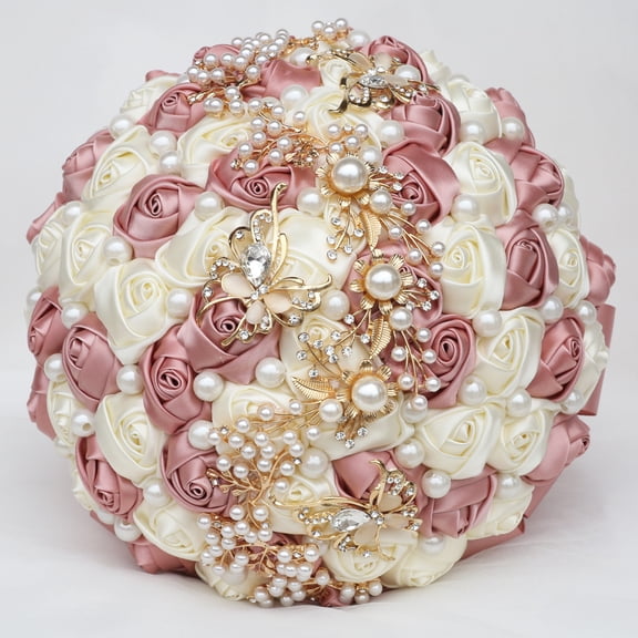 Zhuge Handmade Satin Rose Bridal Bouquet, Round Artificial Flower Bunch Ideal for Wedding Toss & Throw Ceremonies Pink Beige