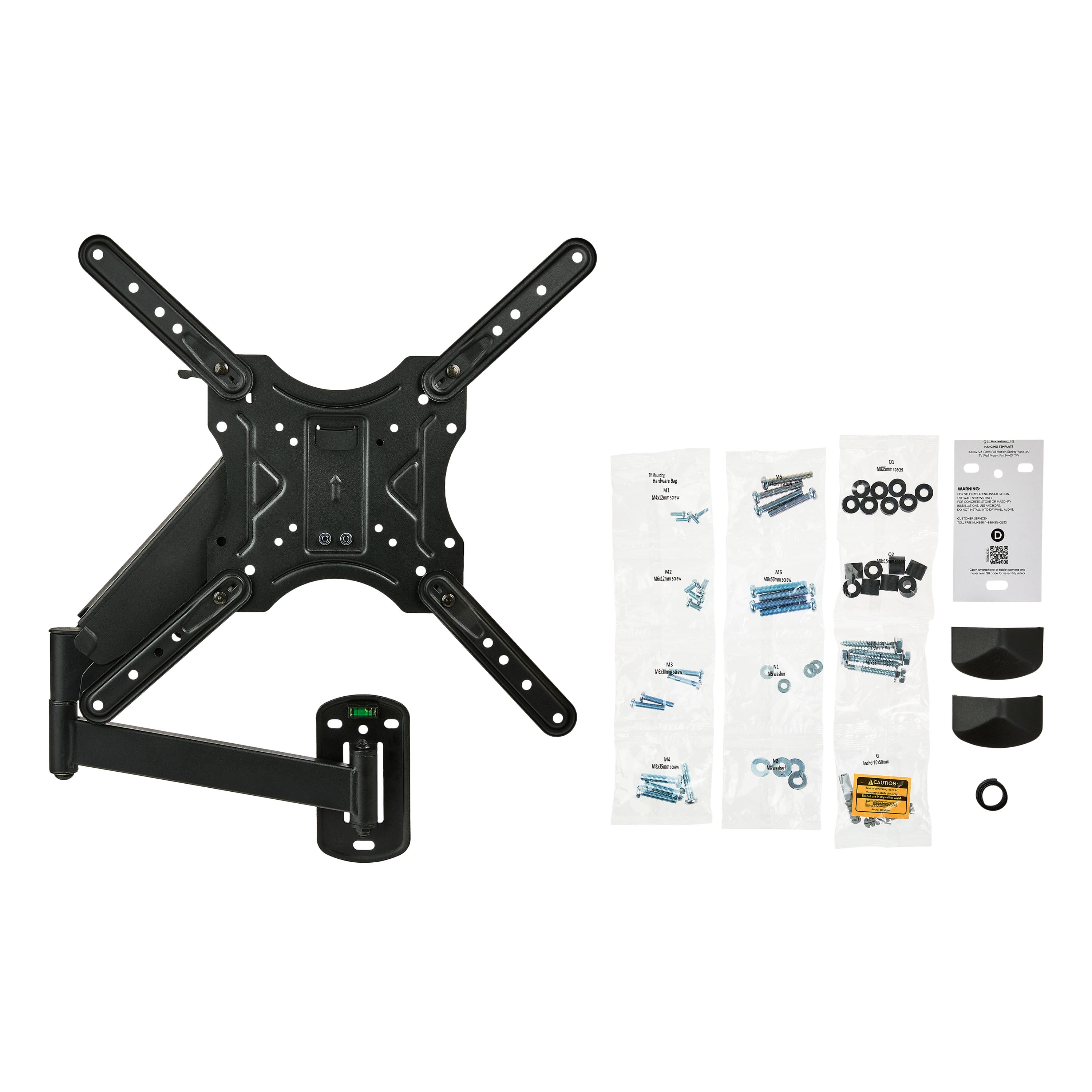 onn Spring Assisted Full Motion Mount for 24" to 65" TVs, ETL Listed, Holds upto 66 lbs