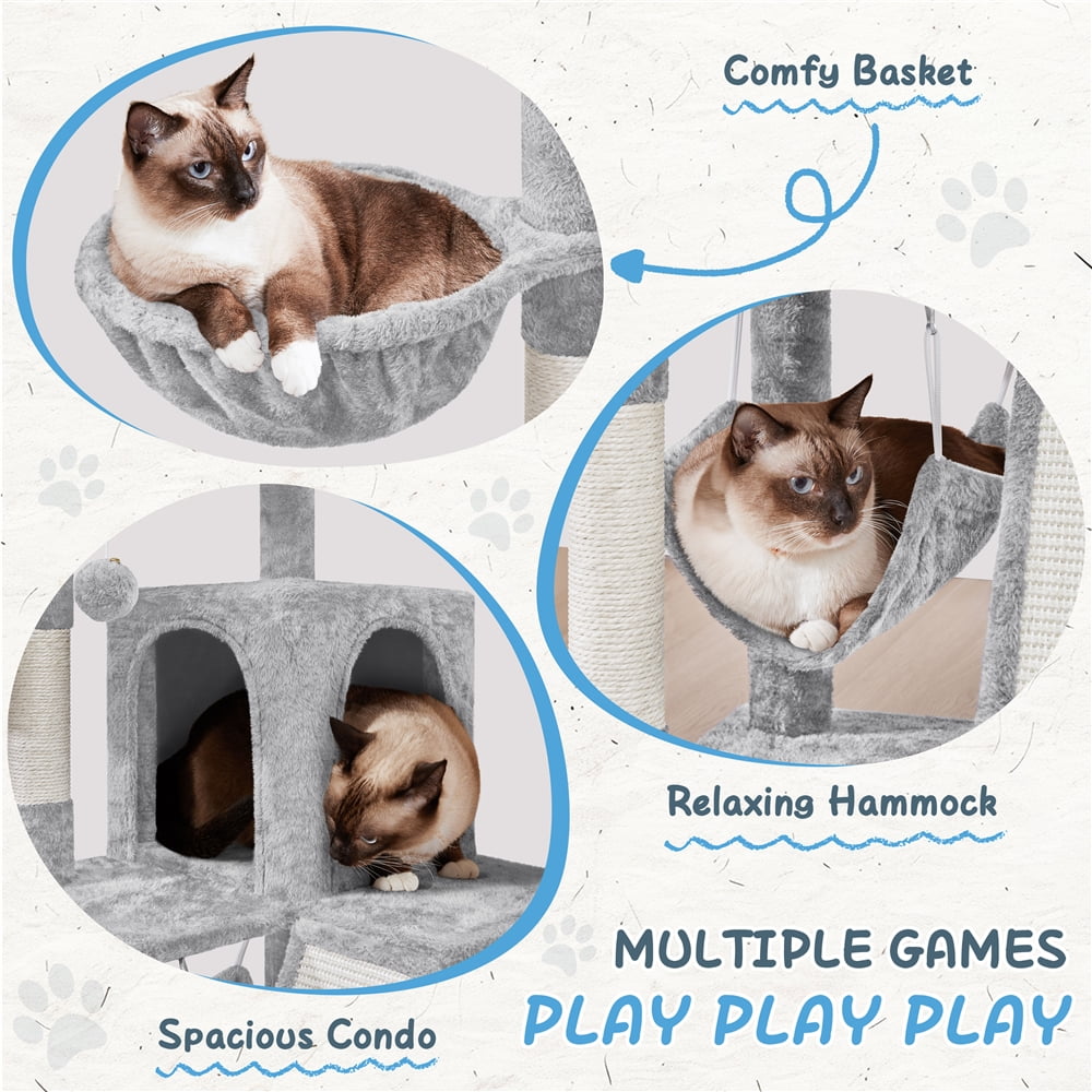 Yaheetech 40″ Multi-Level Cat Tree with Condo, Basket & Hammock, Light Gray