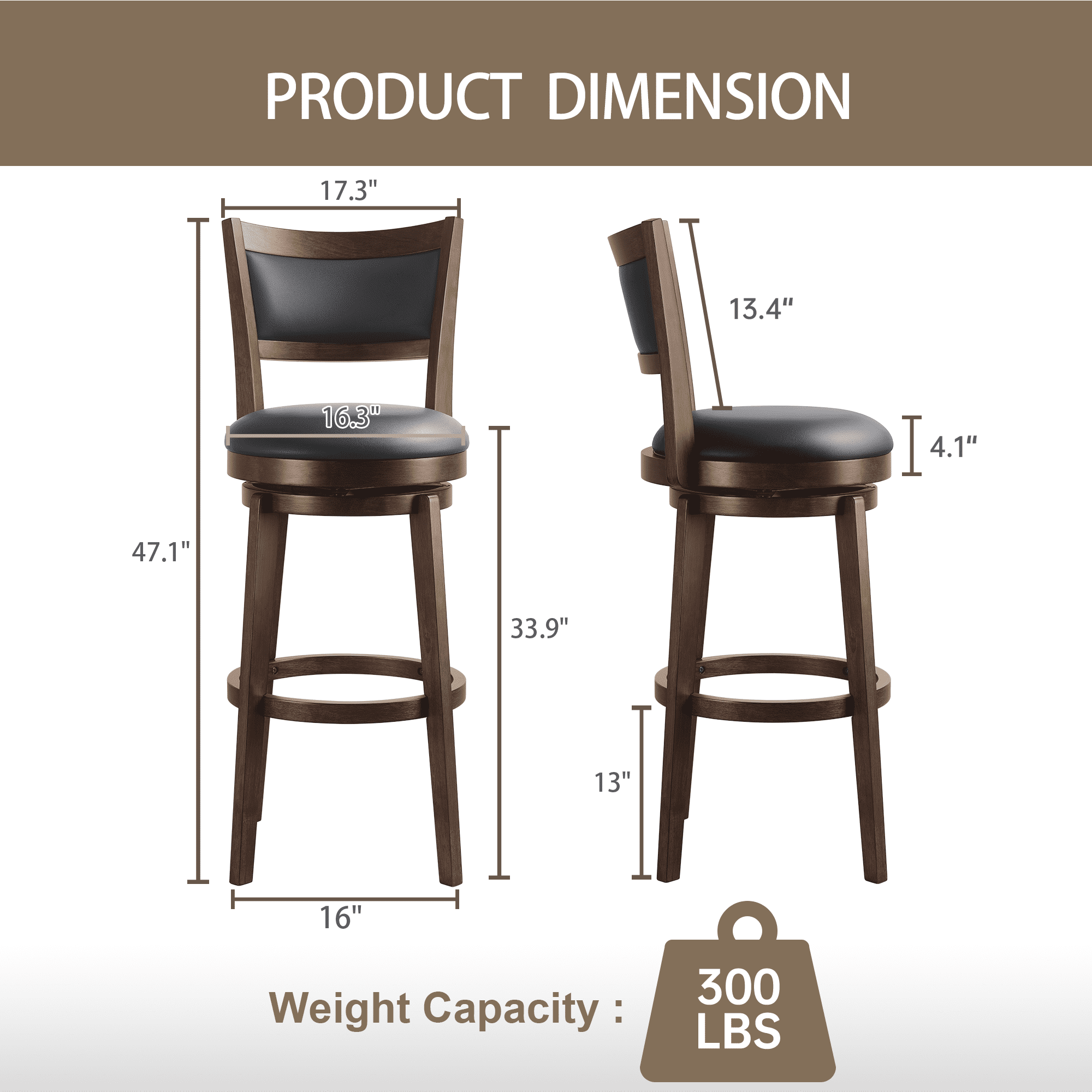 TrumanPick 34 Inch Counter Height Bar Stool, Set of 2 Swivel Barstools with High Back Chair Seat for Kitchen Island Dinning room, Black