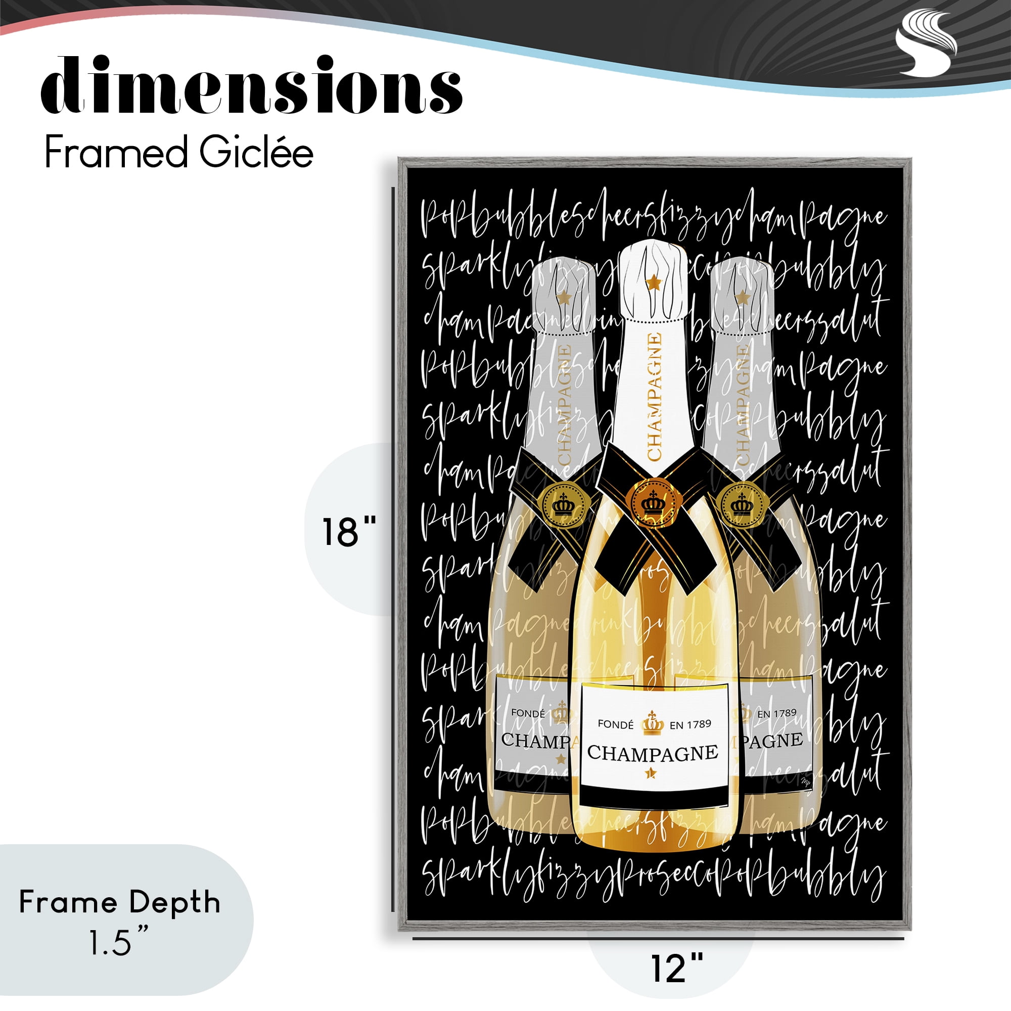 Stupell Industries Triple Champagne Bottle Love Gray Framed Giclee Art, design by Martina Pavlova