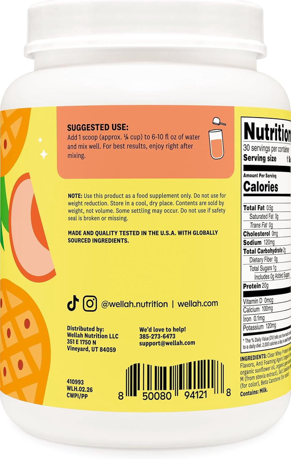 Wellah Clear Whey Protein Isolate Powder (Peach Pineapple) 30 Servings - 20g of Protein, 100 Calories, Sweetened with Stevia