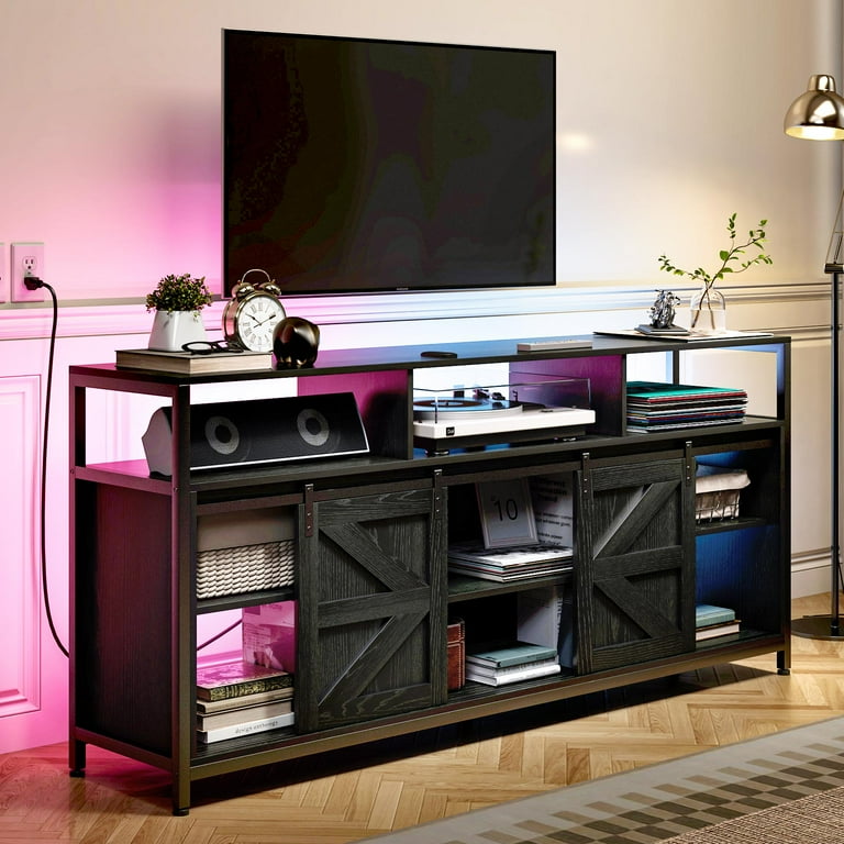 TC HOMENY LED Barn Door TV Stand Hold up to 65 inch TV Entertainment Center w Power Station RGB Strip Light Sliding Barn Door Adjustable