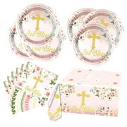 Highcool Divine Blessing Tableware Collection, First Communion 20 Plates and 20 Napkins Plus Tablecloth 51'' x 86'', For Baptism Church Celebration Decor