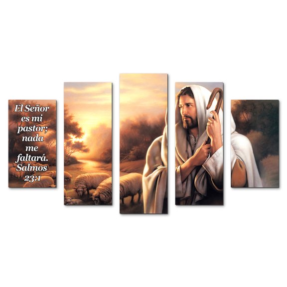 Juego de Cuadros Decorativos, Jesús el Buen Pastor y Salmo 23, 5 Piezas, Ideal para Sala y Recámara, 150x80cm